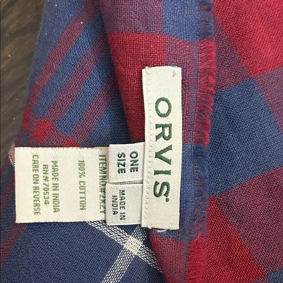 Orvis 100% Cotton Patriotic Red White and Blue Plaid and Checkered Scarf - Picture 2 of 3
